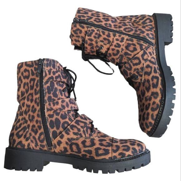 Jessica Simpson Kirlah animal print tan & black rhinestone combat boots 8.5 - Picture 8 of 11